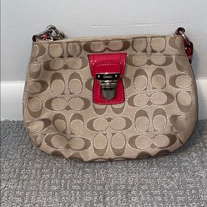 Tan Coach Crossbody with Coral/Pink Accents